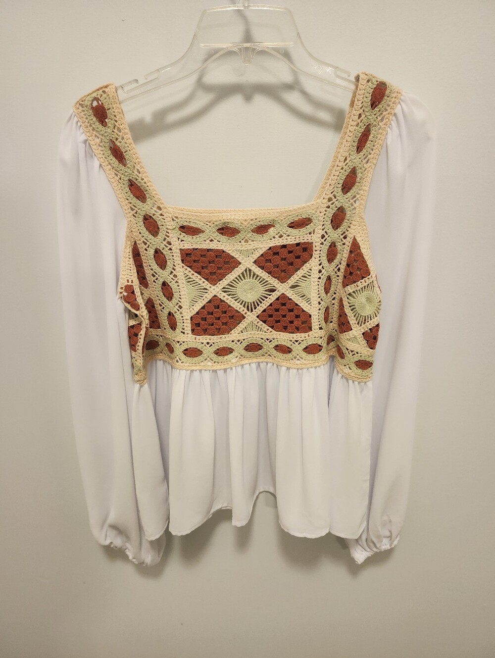 Mazik Boho Crochet Panel Peplum Top - White with Rust Accents - Picture 3 of 5